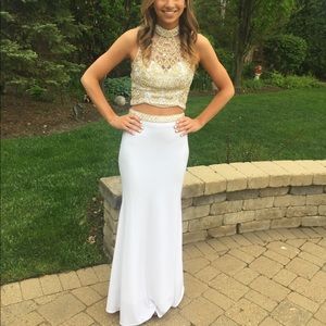 Two-piece white and gold prom dress